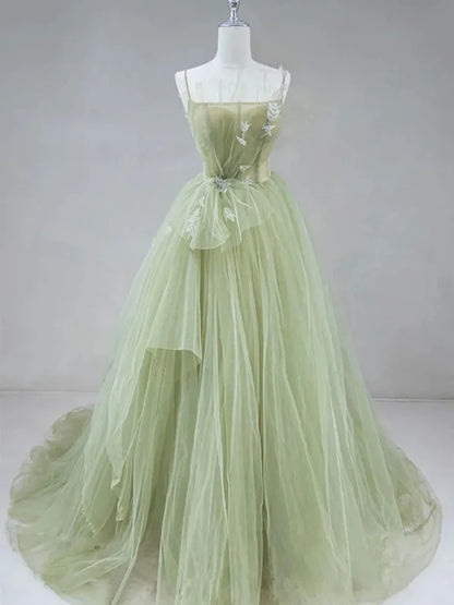 A-shaped tight fitting corset with sage green chiffon on the back long adult dress Sage Prom Dress