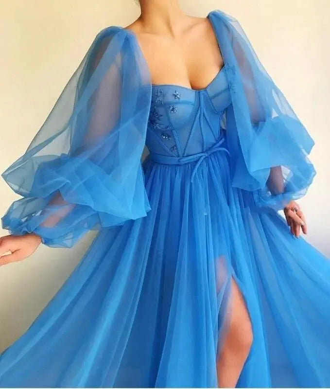 Elegant A-line Long Sleeves Tulle Long Formal Prom Dress With Slit Sexy Evening Gown Charming Birthday Party Dress