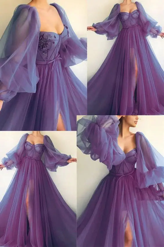 Elegant A-line Long Sleeves Tulle Long Formal Prom Dress With Slit Sexy Evening Gown Charming Birthday Party Dress