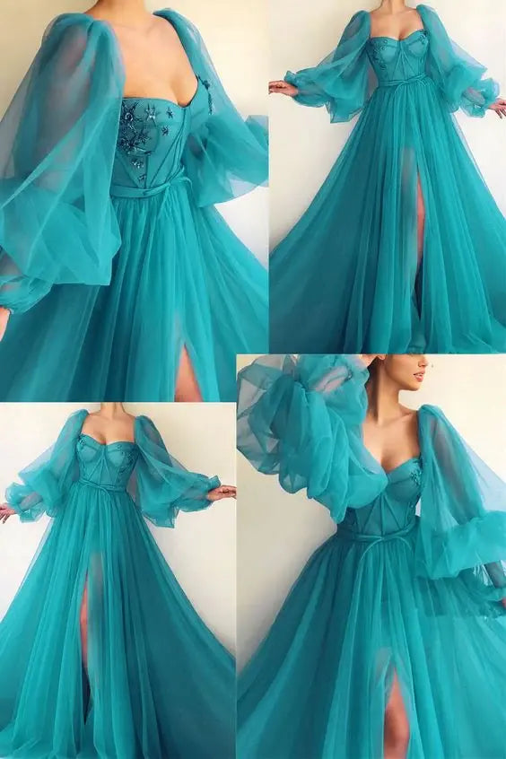 Elegant A-line Long Sleeves Tulle Long Formal Prom Dress With Slit Sexy Evening Gown Charming Birthday Party Dress