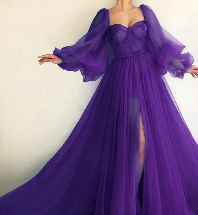 Elegant A-line Long Sleeves Tulle Long Formal Prom Dress With Slit Sexy Evening Gown Charming Birthday Party Dress