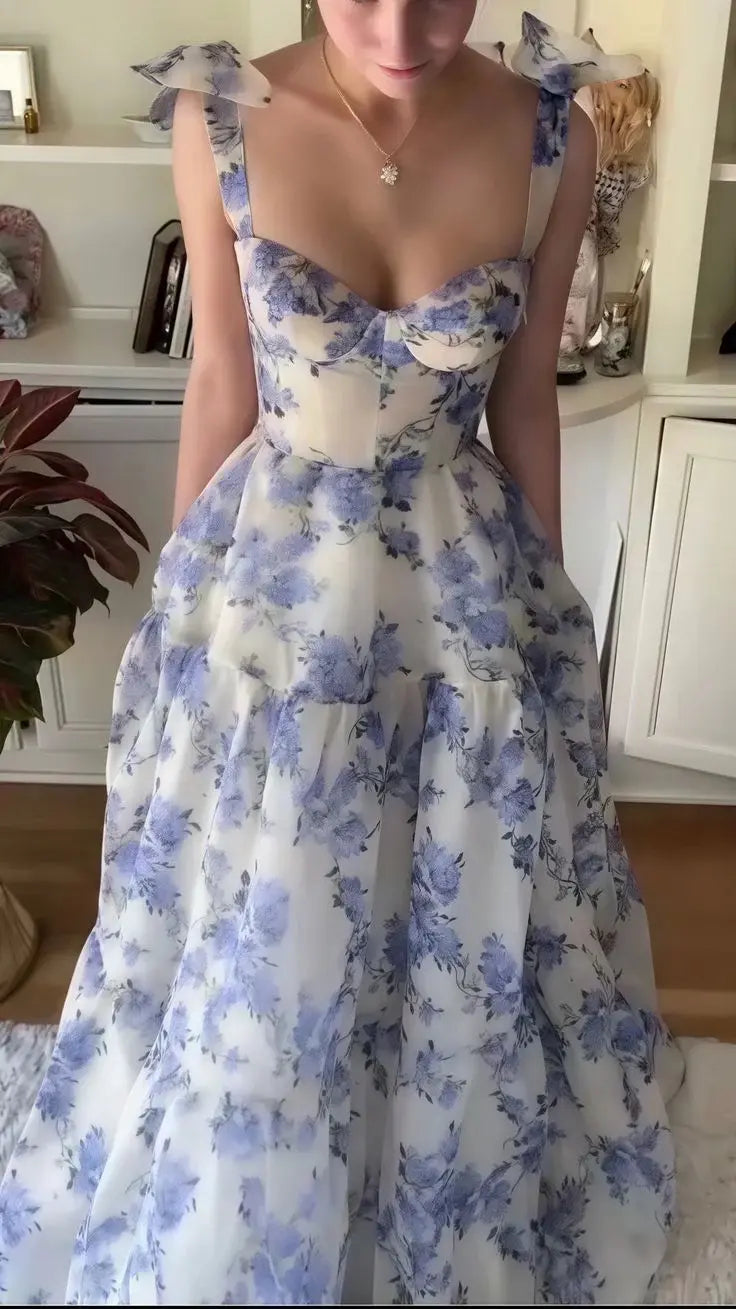 Elegant A-line Straps Sleeveless Long Formal Prom Dress Lovely Floral Evening Gown Charming Birthday Party Dress