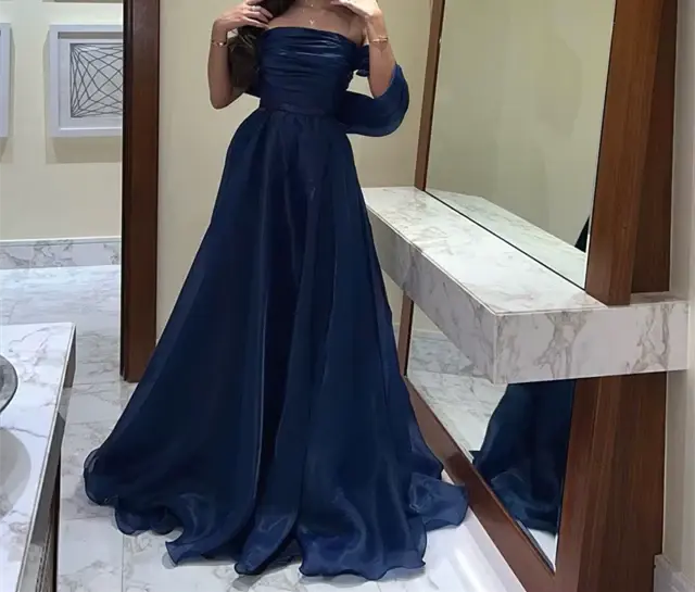 Elegant A line Strapless Blue Long Formal Prom Dress Simple Evening Party Gown Charming Wedding Guest Dress
