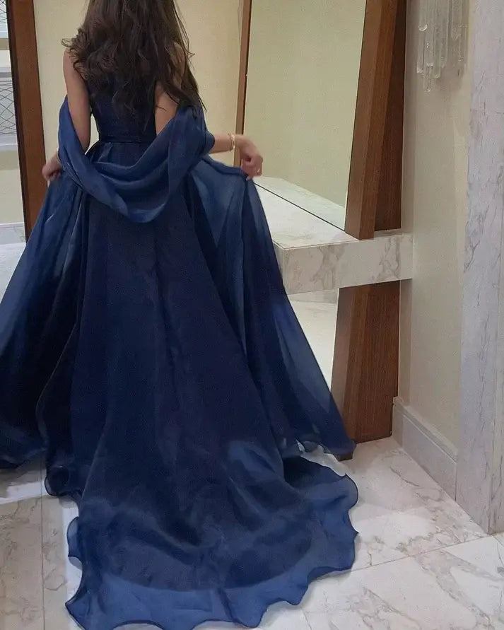 Elegant A line Strapless Blue Long Formal Prom Dress Simple Evening Party Gown Charming Wedding Guest Dress