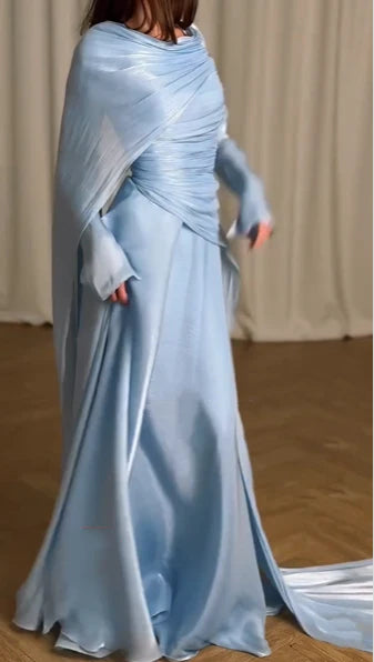 Elegant Blue Pleated Long Sleeves Party Dress Charming Evening Gown Formal Fashion Wedding Guest Dress