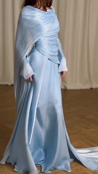 Elegant Blue Pleated Long Sleeves Party Dress Charming Evening Gown Formal Fashion Wedding Guest Dress