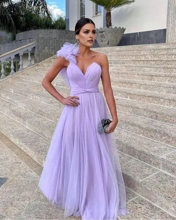 Elegant Light Purple A-line Tulle Long Formal Prom Dress Sexy Party Evening Gown Charming Wedding Guest Dress