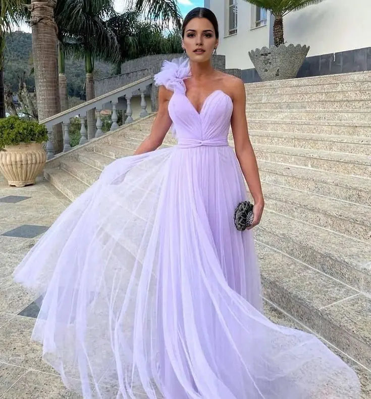 Elegant Light Purple A-line Tulle Long Formal Prom Dress Sexy Party Evening Gown Charming Wedding Guest Dress