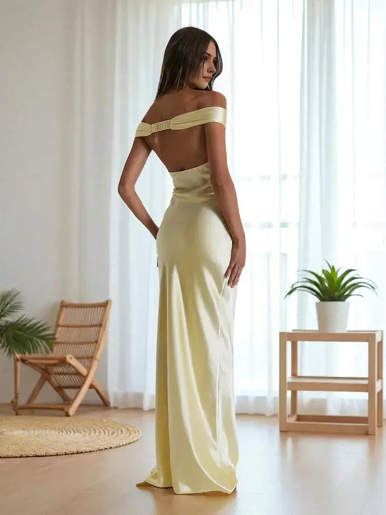Elegant Mermaid Off the Shoulder Satin Long Formal Prom Dresses Charming Party Evening Gowns Sexy Graduation Dress