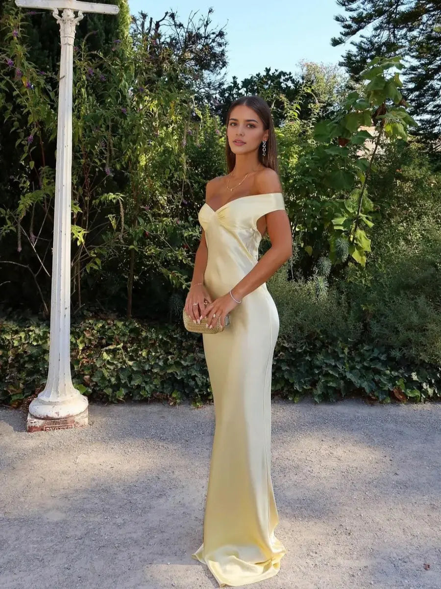 Elegant Mermaid Off the Shoulder Satin Long Formal Prom Dresses Charming Party Evening Gowns Sexy Graduation Dress