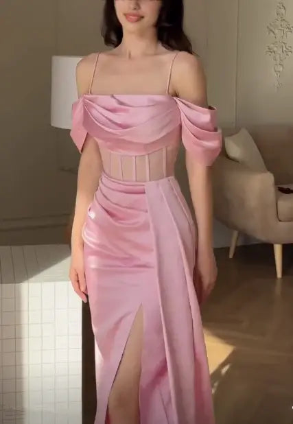 Elegant Mermaid Spaghetti Straps Long Formal Prom Dress With Slit Sweet Graduation Dress Lovely Party Evening Gowns