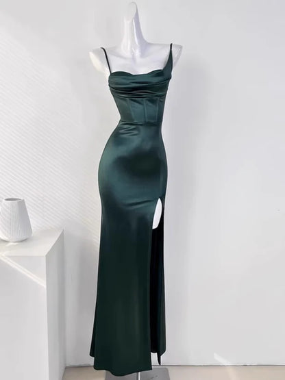 Elegant Mermaid Spaghetti Straps Sleeveless Satin Long Prom Dress Simple Party Evening Gown With Slit