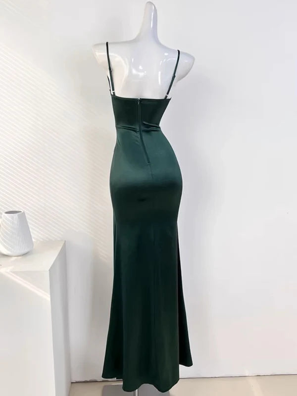 Elegant Mermaid Spaghetti Straps Sleeveless Satin Long Prom Dress Simple Party Evening Gown With Slit