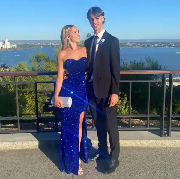 Elegant Mermaid Sweetheart Strapless Sleeveless Blue Sequin Long Prom Dress With Slit Sparkly Formal Dress Black Girl Sexy Party Evening Gowns