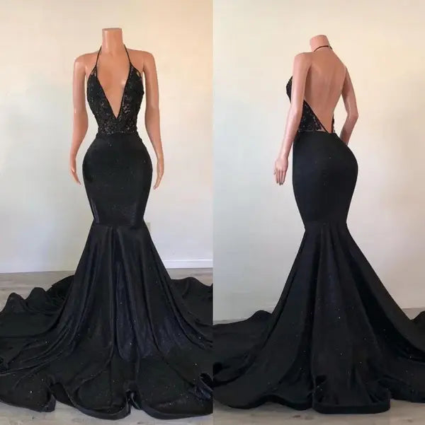 Elegant Mermaid V-neck Sleeveless Long Prom Dress Charming Formal Dress Black Girl Sexy Party Evening Gowns