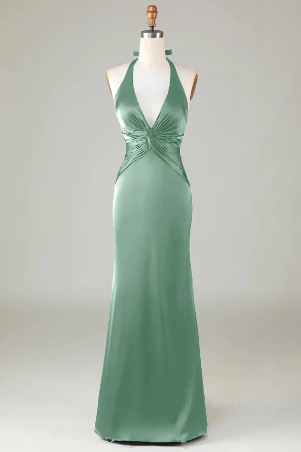 Fish tail hanging neck deep green long satin bridesmaid dress V-neck Sexy Evening Dresses