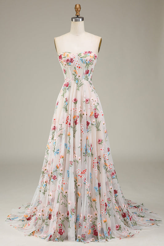 A-Line/Princess Sweetheart Strapless Floor-Length Floral Evening Dress With Embroidery Beautiful