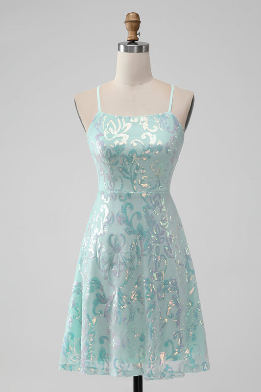 Mint A Line Sequins Short Homecoming Dress with Lace-up Back Sparkly 
