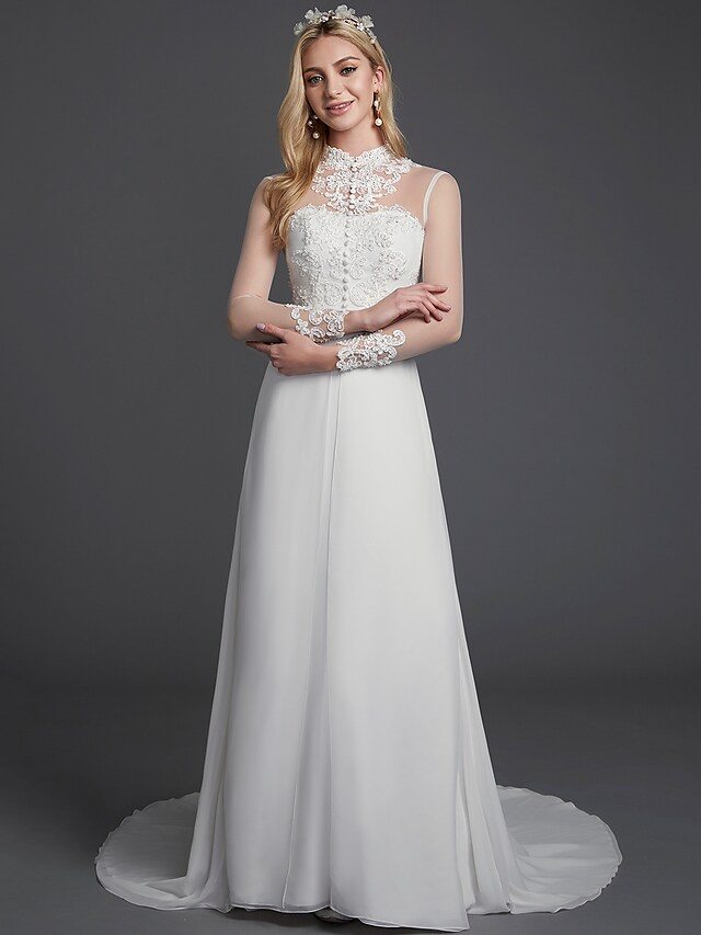 A-Line Wedding Dresses High Neck Court Train Chiffon Lace Long Sleeve Vintage Plus Size Backless with Lace