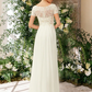 A-Line Wedding Dresses V Neck Floor Length Chiffon Lace Short Sleeve Romantic Simple with Pleats