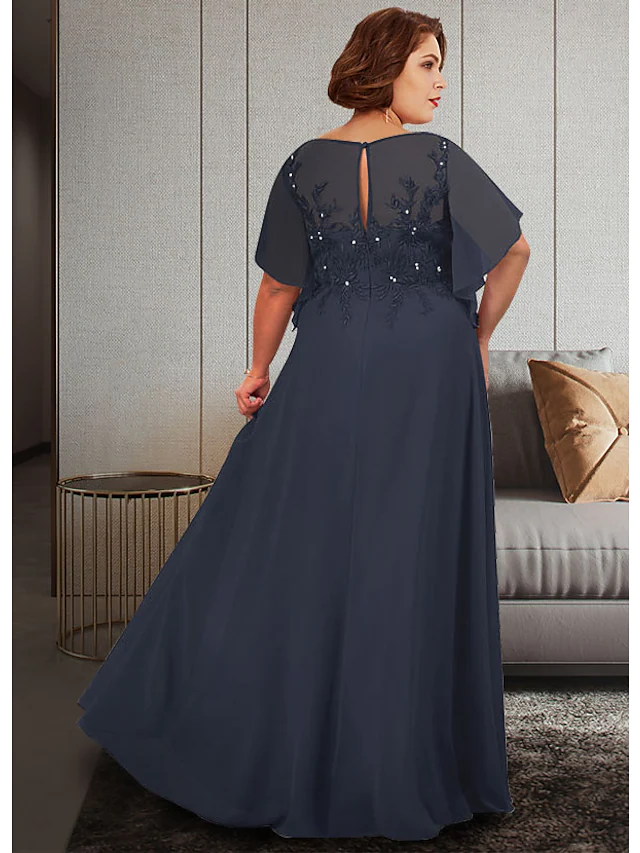 A-Line Mother of the Bride Dress Plus Size Elegant Jewel Neck Floor Length Chiffon Lace Half Sleeve