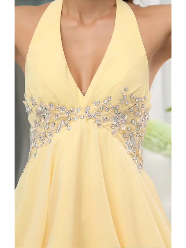 A-Line Elegant Party Wear Wedding Guest Cocktail Party Dress Halter Neck Sleeveless Short Mini Chiffon