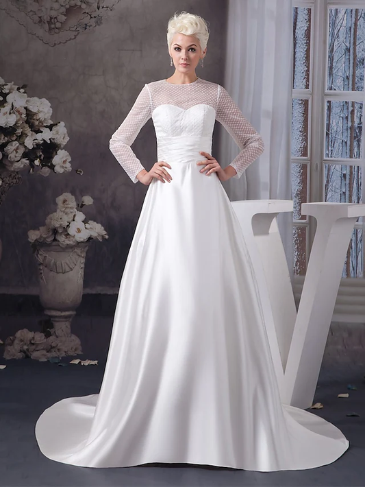 A-Line Wedding Dresses Jewel Neck Court Train Satin Tulle Length Sleeve Illusion Sleeve with