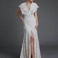 A-Line Long Wedding Dresses V Neck Lace Sleeveless Boho with Split Front
