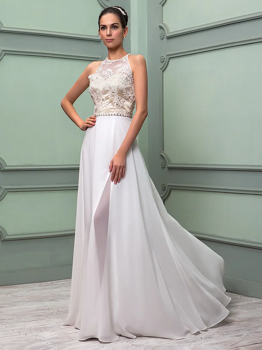 Wedding Dresses Jewel Neck Floor Length Chiffon Lace Regular Straps See-Through with Sash Ribbon