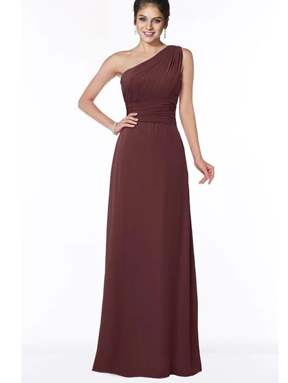 A-Line One Shoulder Floor Length Chiffon Bridesmaid Dress with Ruching Pure Color