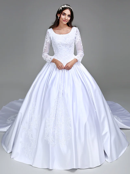 Ball Gown Wedding Dresses Scoop Neck Satin Long Sleeve Simple Vintage See-Through with Beading