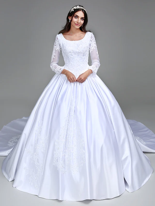 Ball Gown Wedding Dresses Scoop Neck Satin Long Sleeve Simple Vintage See-Through with Beading