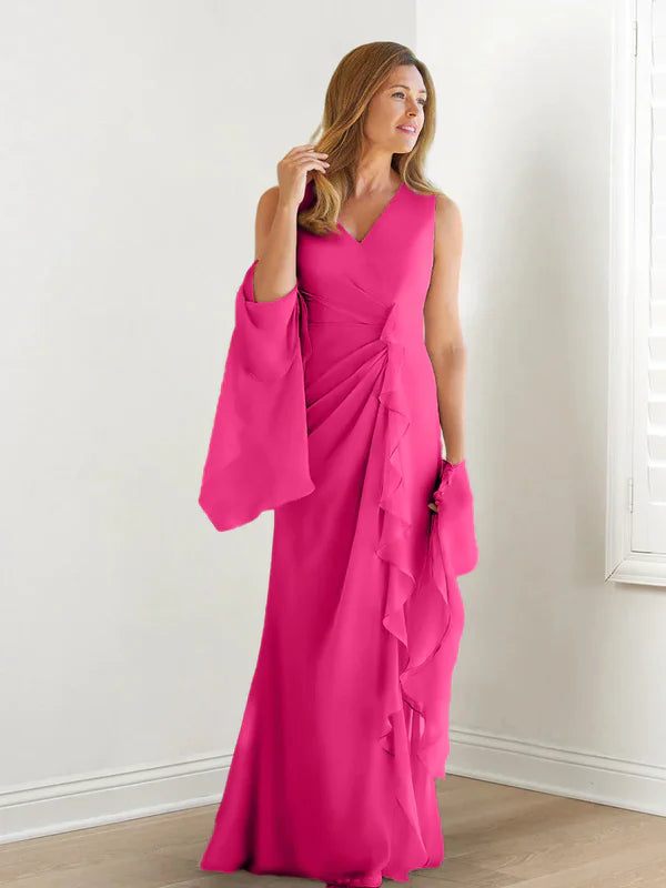 Wrap body/column V-neck sleeveless wrap body mother of the bride dress Pure Color