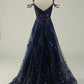 Navy A Line Cold Shoulder Long Prom Dress V-neck Sexy Sparkly
