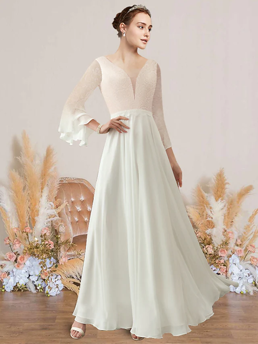 A-Line Wedding Dresses V Neck Floor Length Chiffon Lace Long Sleeve Romantic