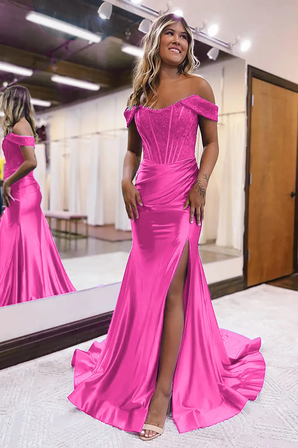 Mermaid Off The Shoulder Court Long Prom Dress With Split Charming Evening Party Dress