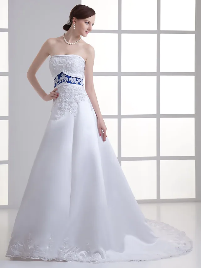 A-Line Wedding Dresses Strapless Court Train Lace Satin Strapless with Sashes Ribbons Beading