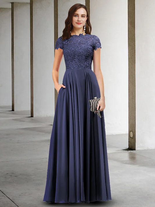 A-Line Mother of the Bride Dress Elegant Jewel Neck Floor Length Chiffon Lace Short Sleeve with Pleats