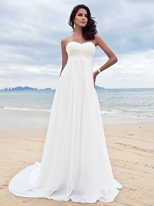 A-Line Wedding Dresses Sweetheart Neckline Court Train Chiffon Strapless Simple Beach Plus Size with Beading
