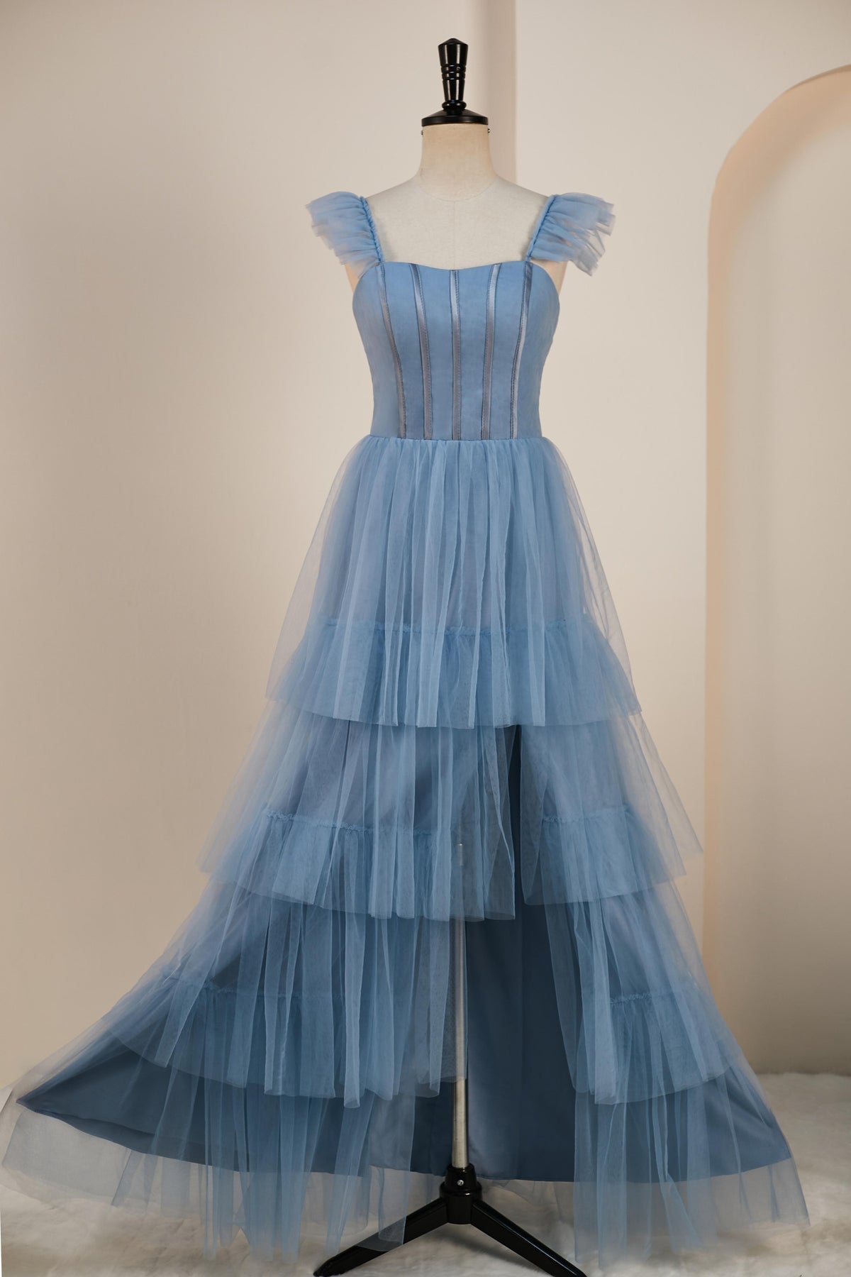 Fantastic Straps Tulle Tiered Multi-Layers Prom Dresses Floor Length Blue Beautiful