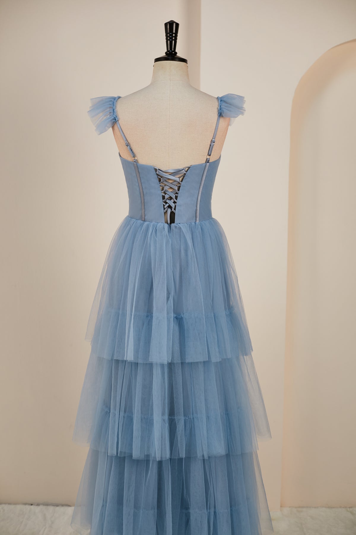 Fantastic Straps Tulle Tiered Multi-Layers Prom Dresses Floor Length Blue Beautiful