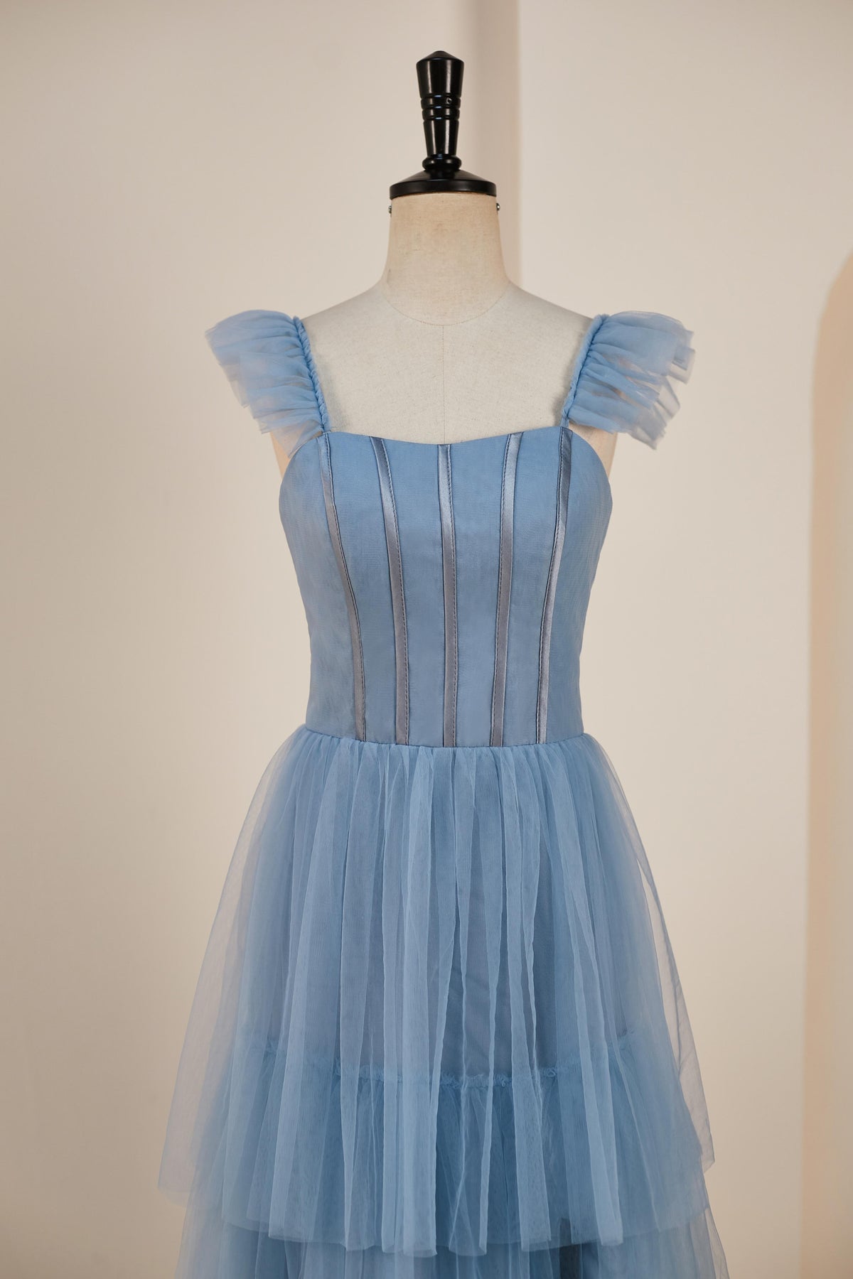 Fantastic Straps Tulle Tiered Multi-Layers Prom Dresses Floor Length Blue Beautiful