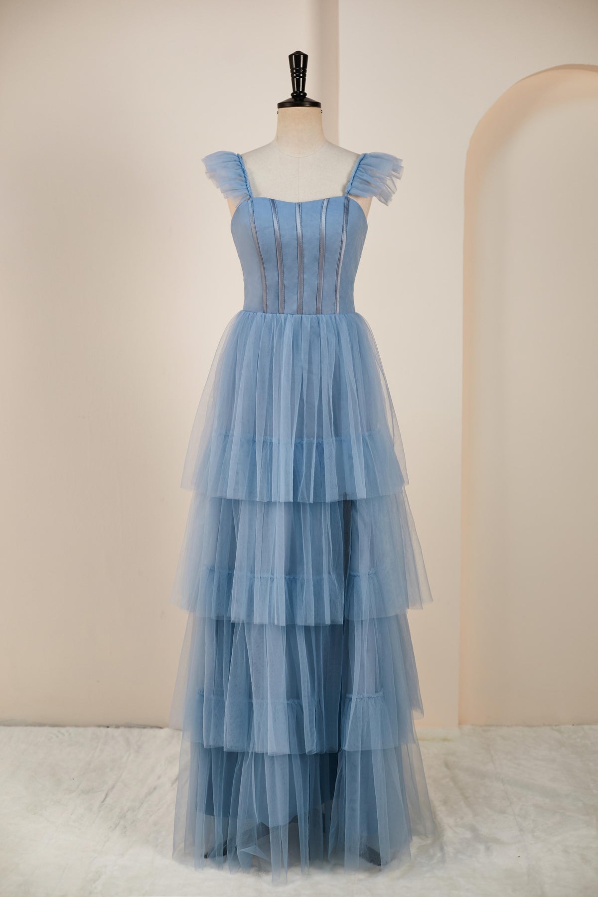 Fantastic Straps Tulle Tiered Multi-Layers Prom Dresses Floor Length Blue Beautiful