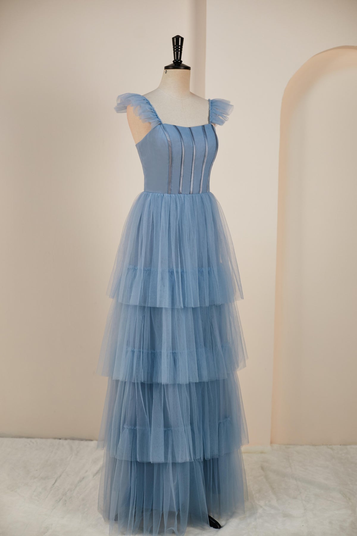 Fantastic Straps Tulle Tiered Multi-Layers Prom Dresses Floor Length Blue Beautiful
