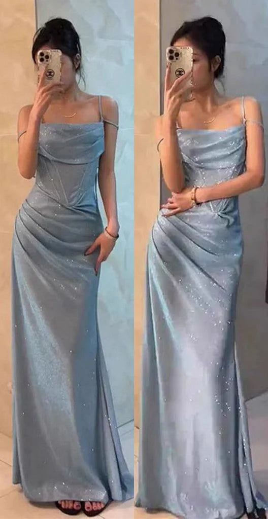 Fashion Spaghetti Straps Pleated Sleeveless Long Formal Prom Dress Elegant Evening Gown Shiny Wedding Guest Party Dress