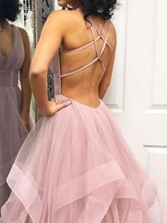 A-Line/Princess V-Neck Floor-Length Prom Dresses Sexy Evening Dresses