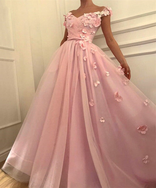 Flowers Beaded V Neck Off the Shoulder Prom Dresses Long Tulle Evening Gowns Beautiful