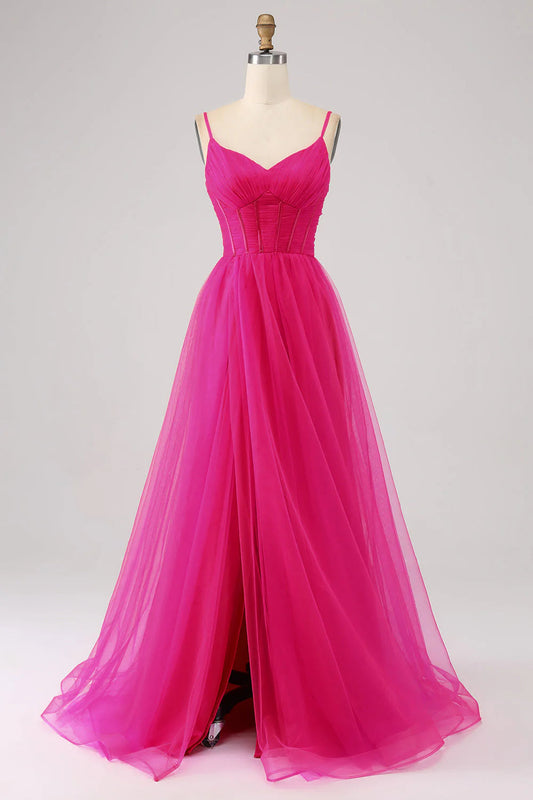 A-Line Spaghetti Straps Long Corset Prom Dress with Slit V-neck Pure Color