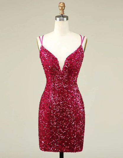 Homecoming Dress Sparkly Sequin Double Spaghetti Straps Tight Sexy