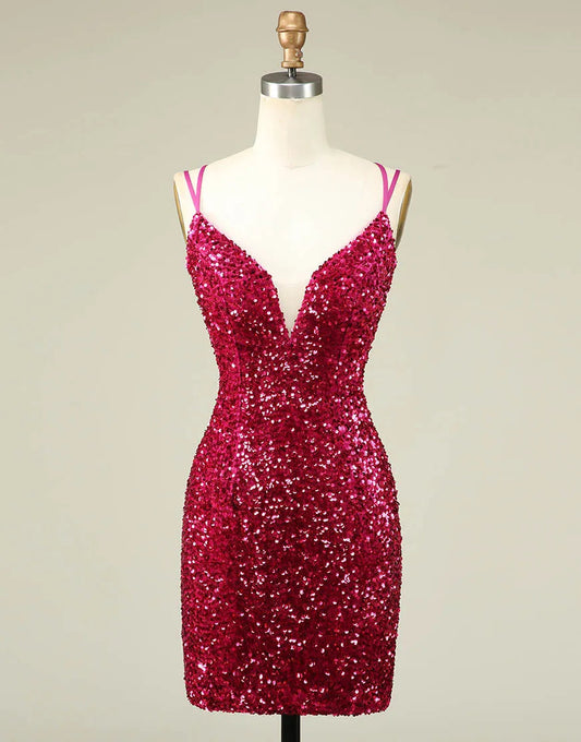Homecoming Dress Sparkly Sequin Double Spaghetti Straps Tight Sexy